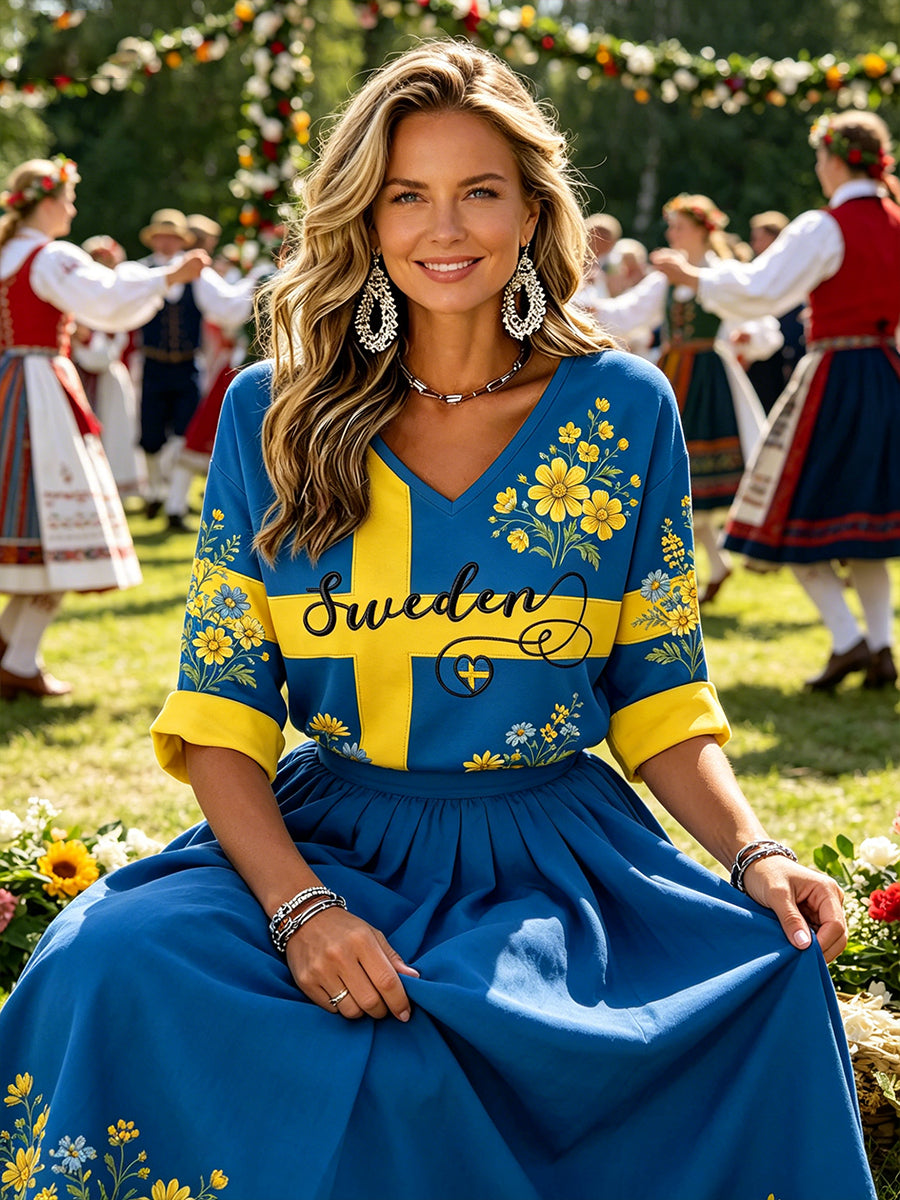 Dams midsommarfest etniskt tryckt avslappnad topp med V-ringning