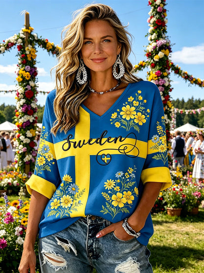 Dams midsommarfest etniskt tryckt avslappnad topp med V-ringning