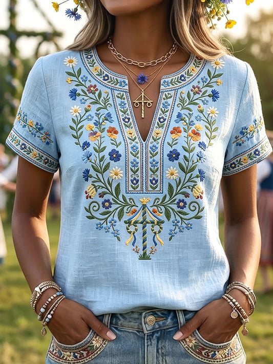 Dams Retrokonst Svensk midsommarstång Blommor V-ringning T-shirt