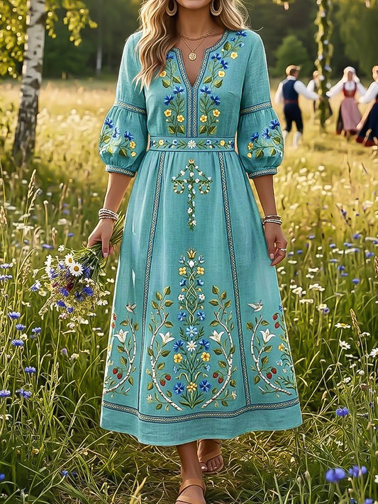 Kvinnors Vintage Svenska midsommar Blomman Krona Konst V-hals klänning