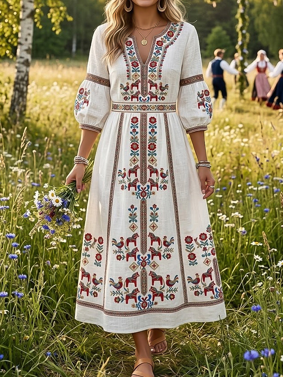 Kvinnor Retro Svenska midsommar Floral V-Hack klänning