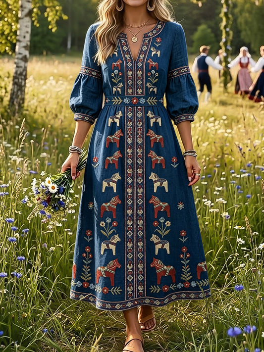 Kvinnor Retro Svenska midsommar karusell blomster konst V-hals klänning