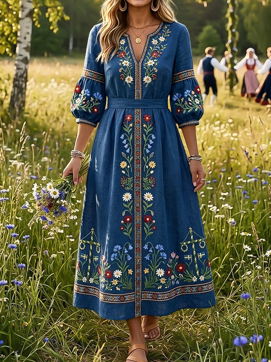 Kvinnor Retro Svenska midsommar Pole Art V-hals klänning