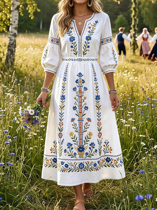 Kvinnor Retro Svenska midsommar Floral Art V-Hack klänning