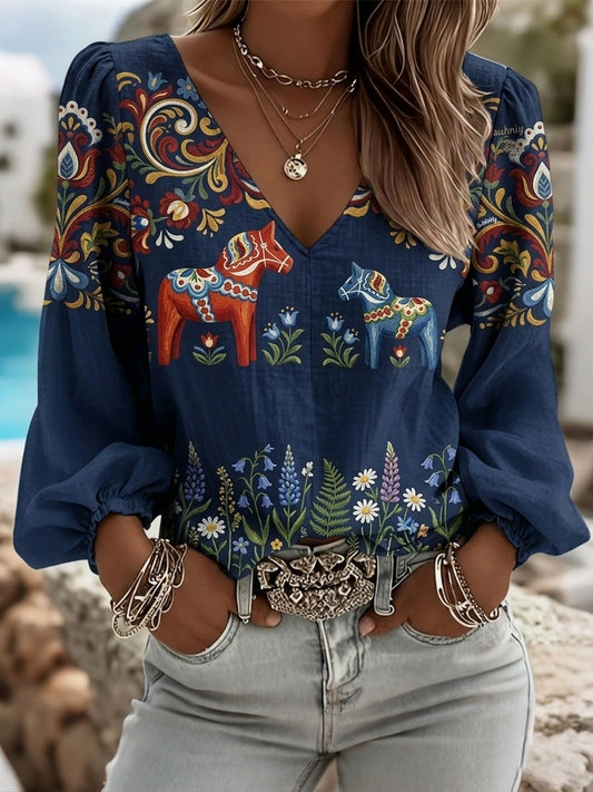 Dams retro svensk midsommarfolkstil blus i bomull-linne med blommönster