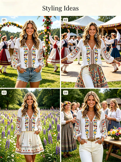 Damsommarblus med V-ringning och puffärmar, sommarfesttema