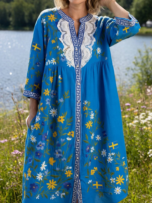 Damsvintage midsommarblommig konsttryckt ledig klänning i bomull-linntyg