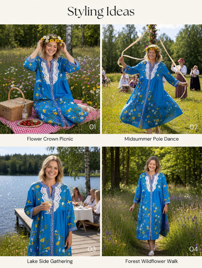 Damsvintage midsommarblommig konsttryckt ledig klänning i bomull-linntyg