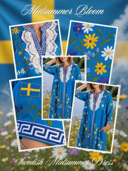 Damsvintage midsommarblommig konsttryckt ledig klänning i bomull-linntyg