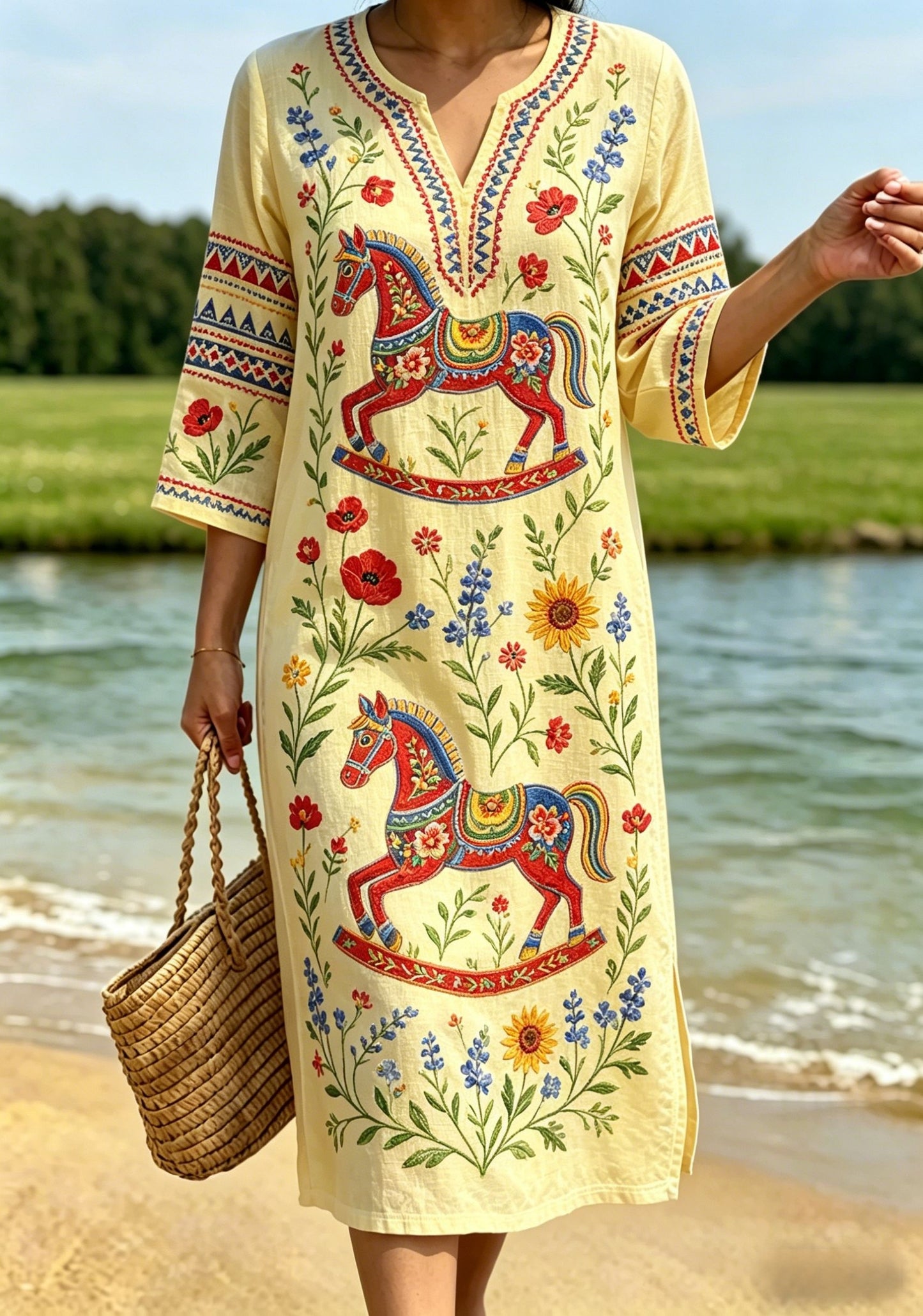 Dams retro svensk midsommarfolkstil blommig klänning i bomull-linne