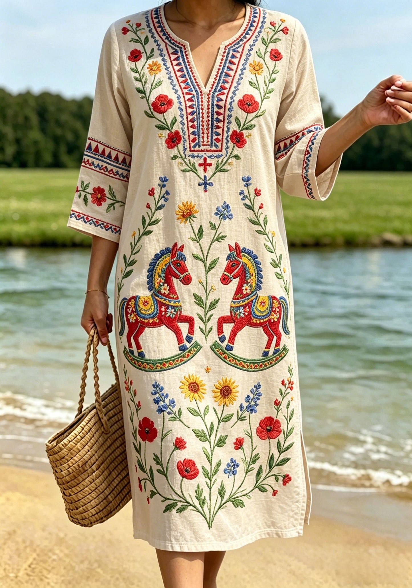 Dams retro svensk midsommarfolkstil blommig klänning i bomull-linne