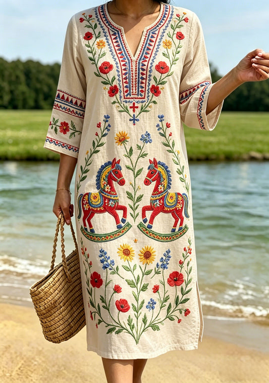 Dams retro svensk midsommarfolkstil blommig klänning i bomull-linne