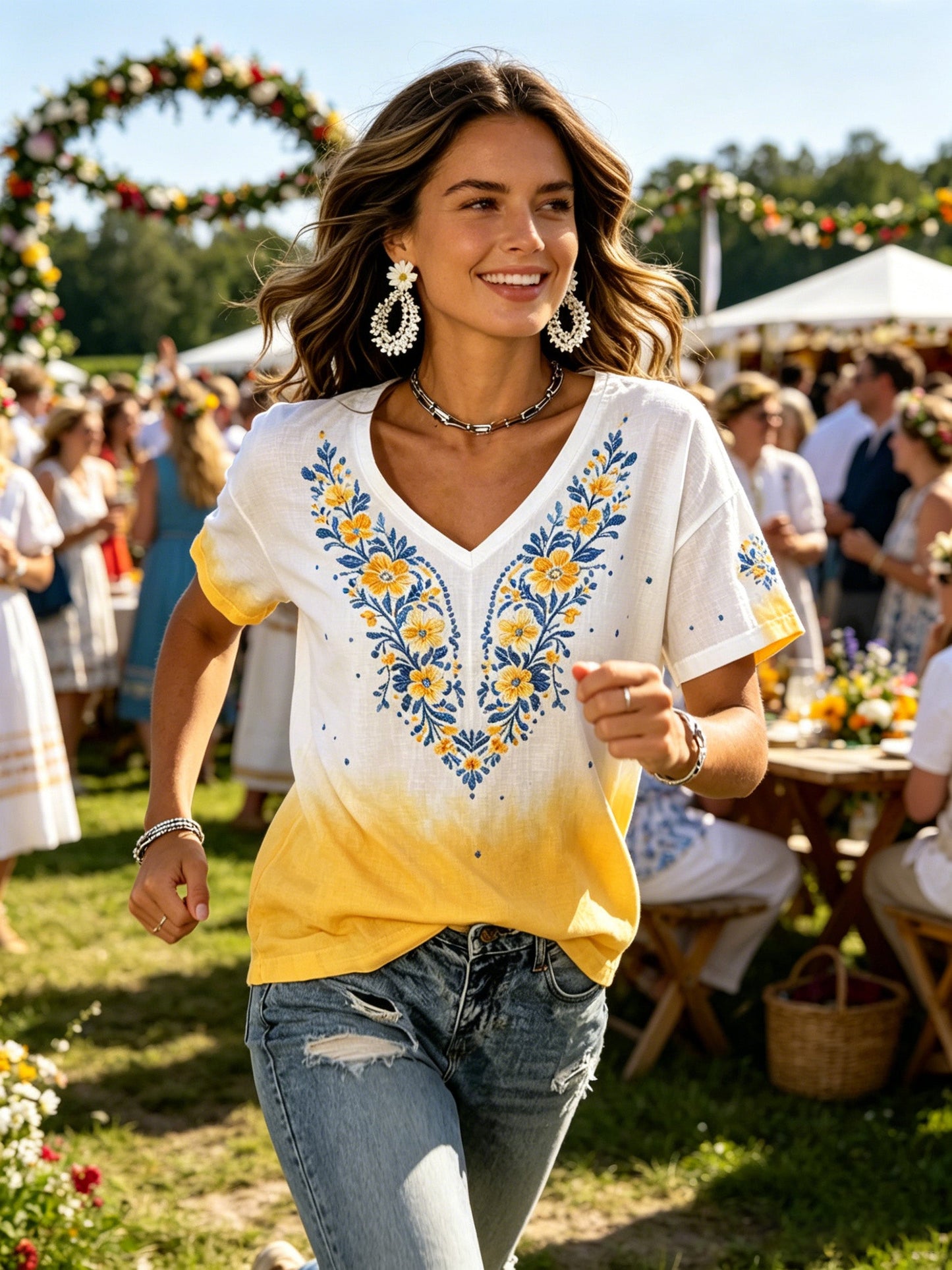 Damer Svensk midsommarfest minnesartprint T-shirt med V-ringning