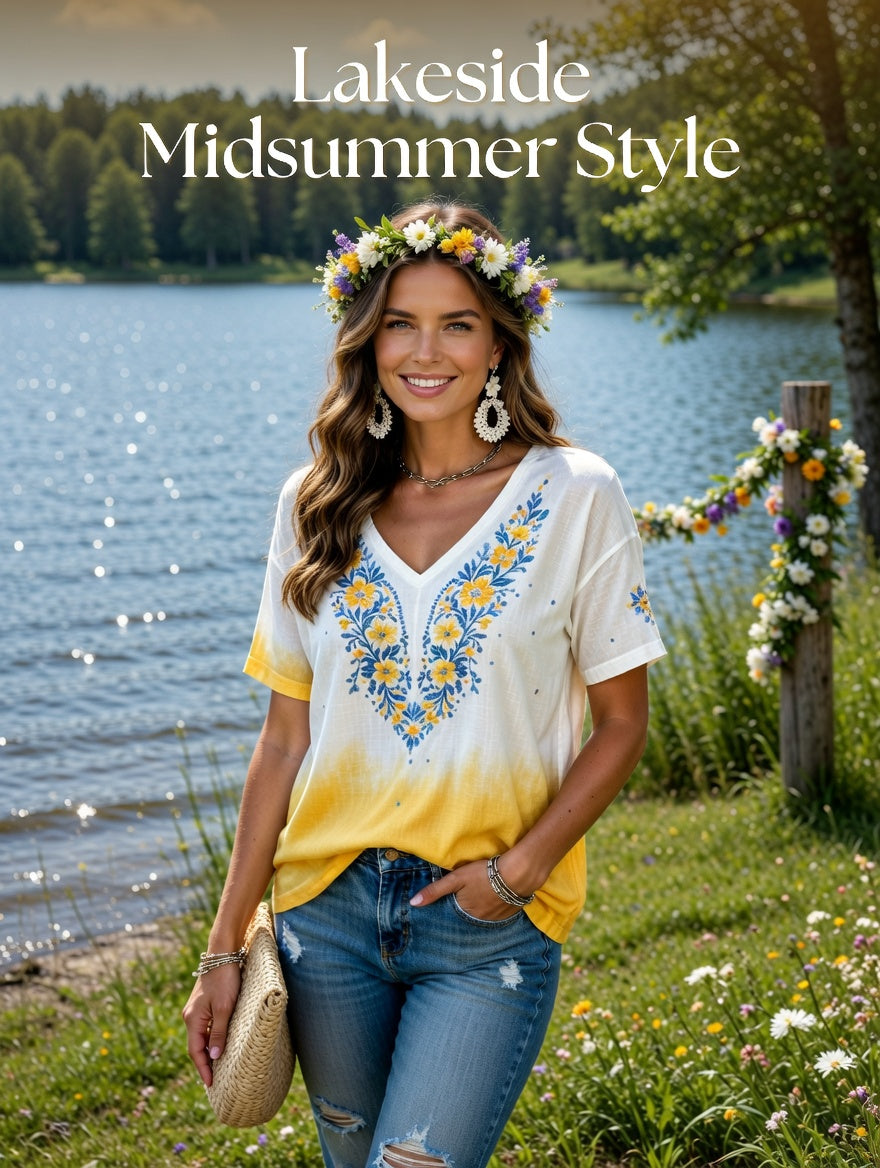 Damer Svensk midsommarfest minnesartprint T-shirt med V-ringning