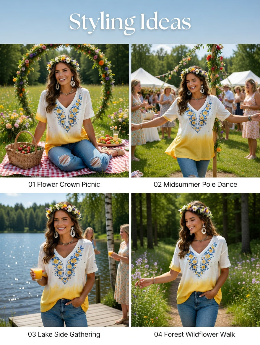 Damer Svensk midsommarfest minnesartprint T-shirt med V-ringning