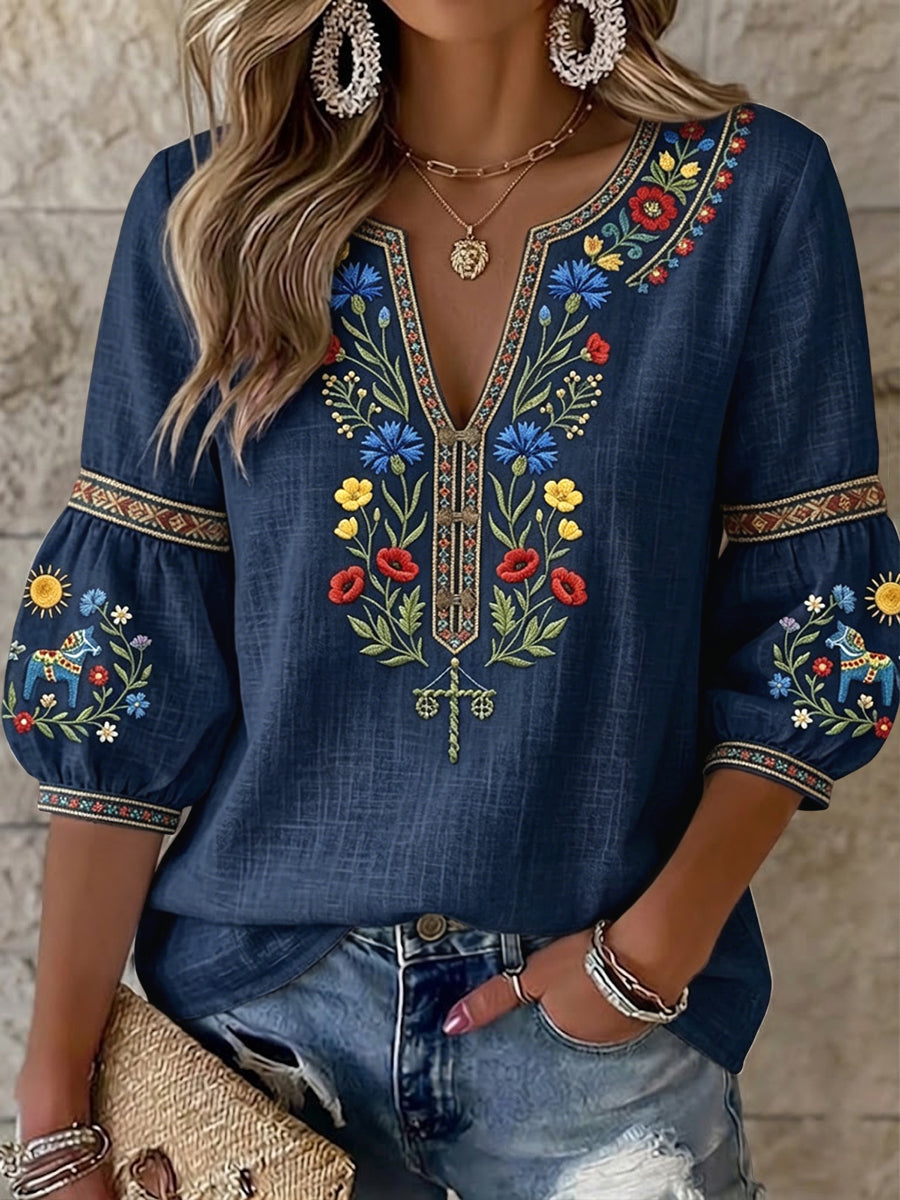 Dams vintage svensk midsommarblommig konst V-ringad blus