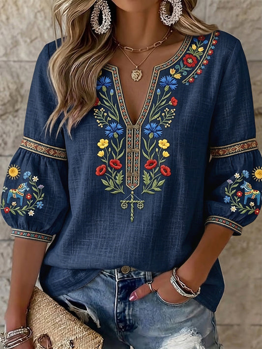 Dams vintage svensk midsommarblommig konst V-ringad blus