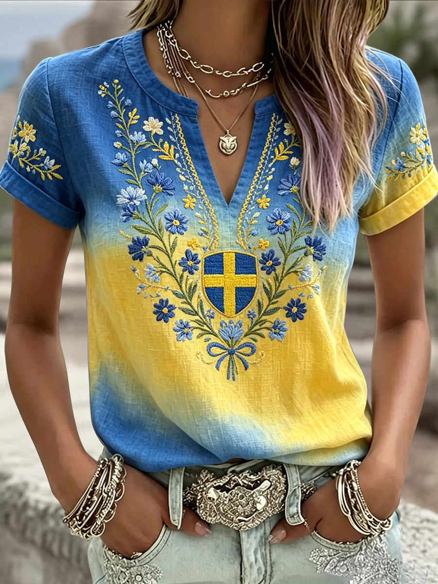 Dams retro svensk midsommar blommig graderad konst V-ringning T-shirt