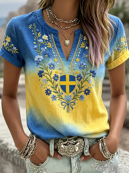 Dams retro svensk midsommar blommig graderad konst V-ringning T-shirt
