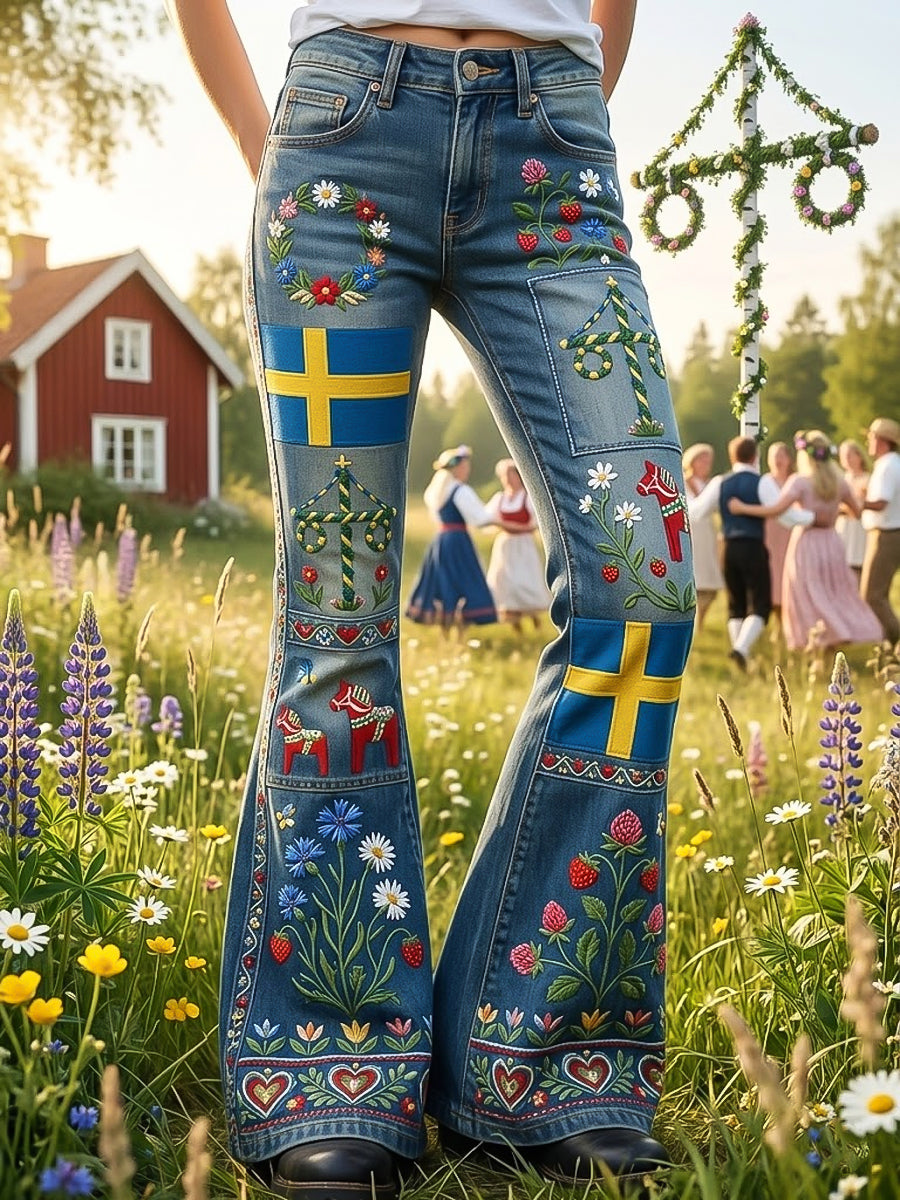 Damer Svenska midsommarblommiga lapptäcksstil avslappnade utsvängda byxor