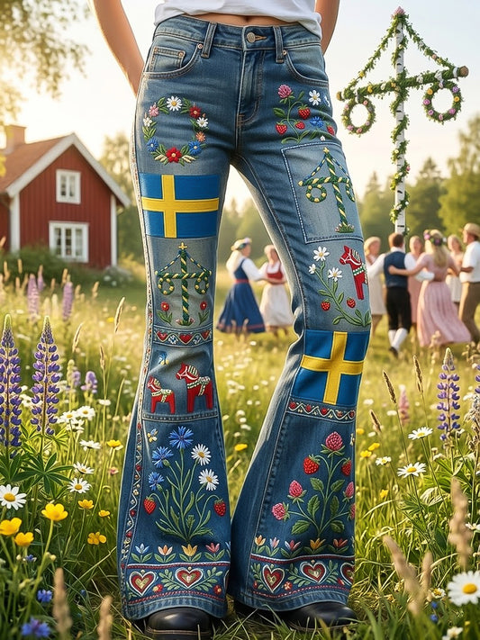 Damer Svenska midsommarblommiga lapptäcksstil avslappnade utsvängda byxor