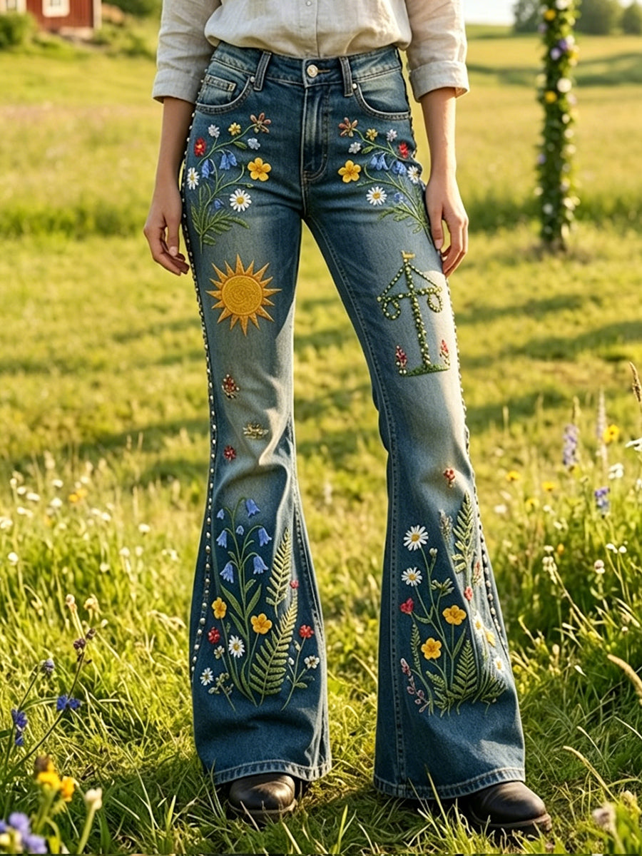 Damer Svenska midsommarinspirerade blommiga artistiska lediga klockbyxor
