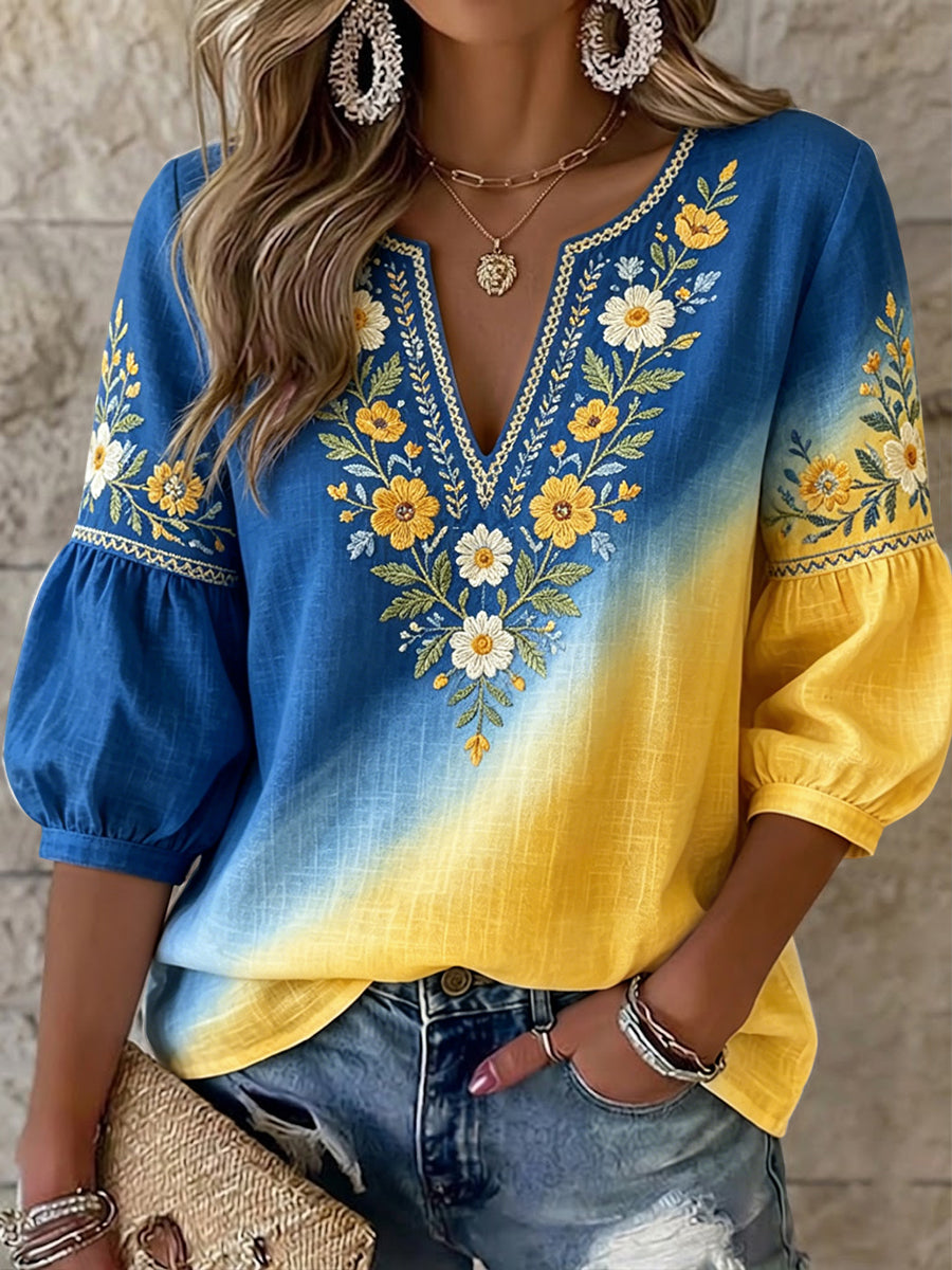 Dams retro svensk midsommarblommig patchwork-topp med V-ringning