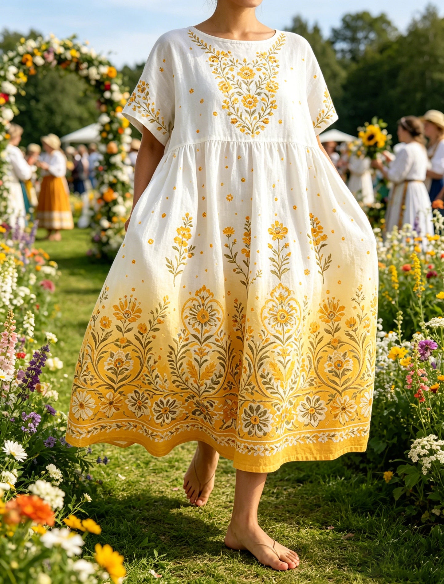 Damer Svensk midsommarfest minneskonsttryck maxiklänning