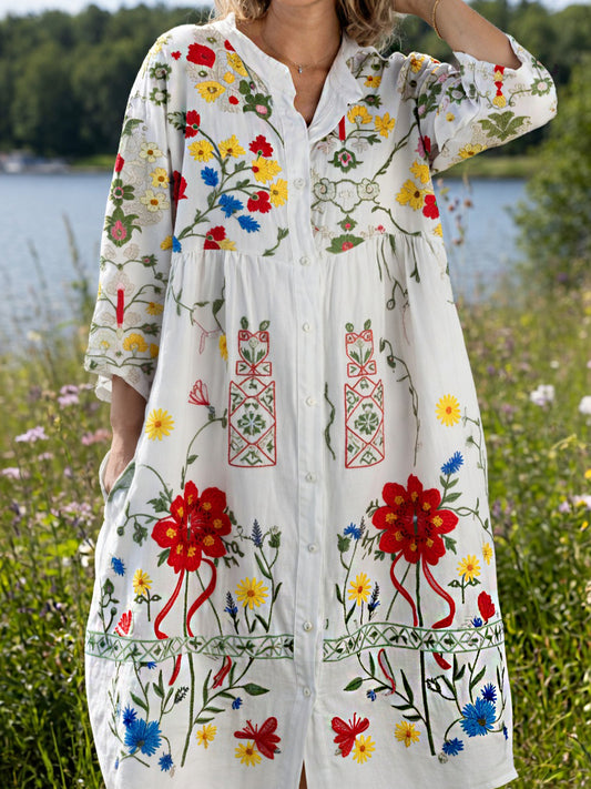 Damsvintage midsommarblommig konsttryckt ledig klänning i bomull-linntyg