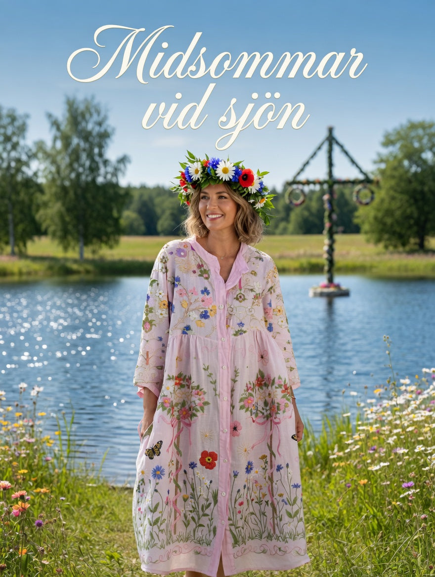 Damsvintage midsommarblommig konsttryckt ledig klänning i bomull-linntyg