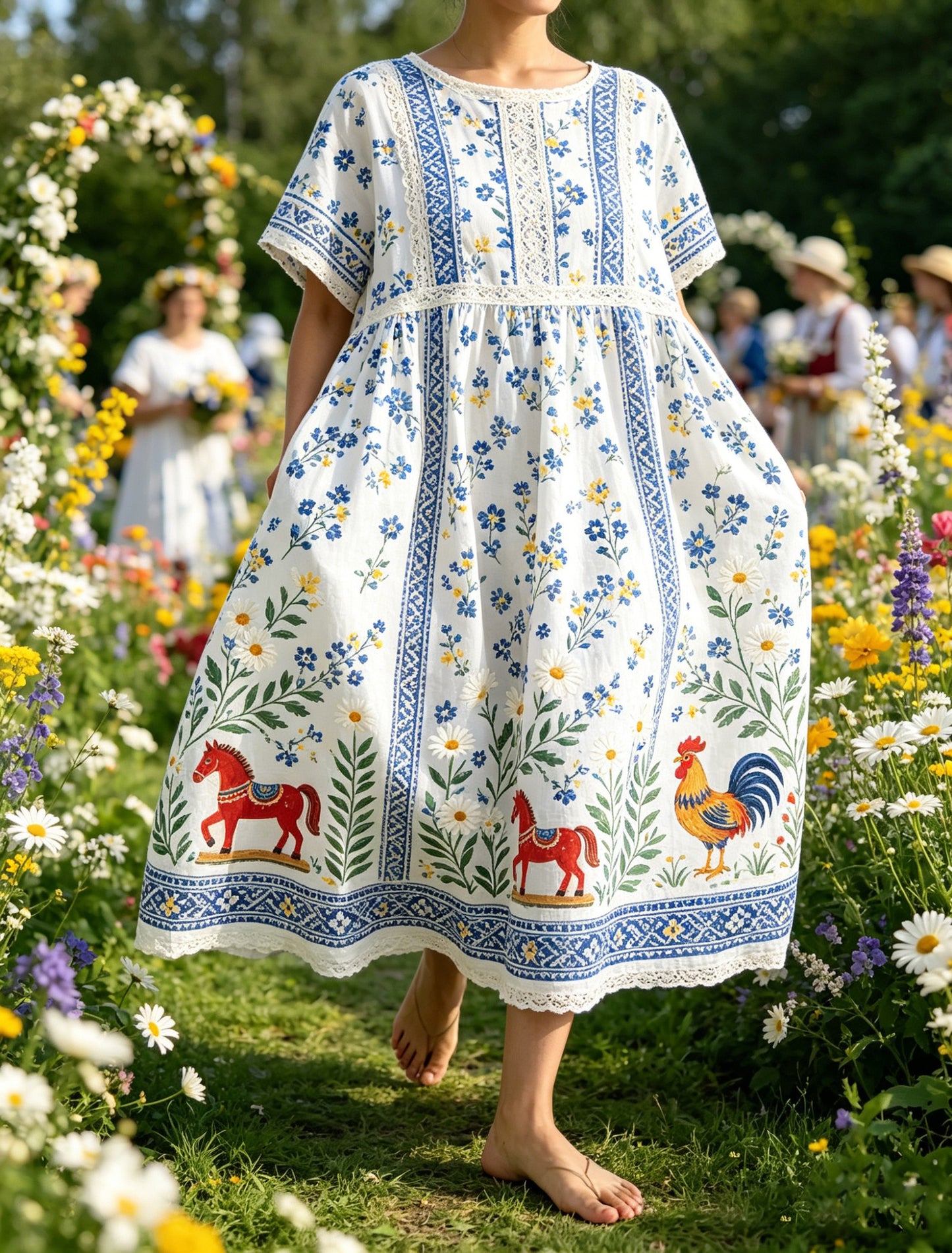 Damer Svensk midsommarfest minneskonsttryck maxiklänning