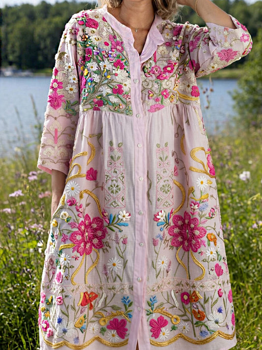Damsvintage midsommarblommig konsttryckt ledig klänning i bomull-linntyg