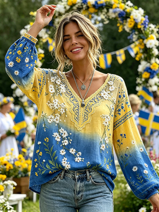Dams Midsummer blommönstrad pastoral topp med V-ringning