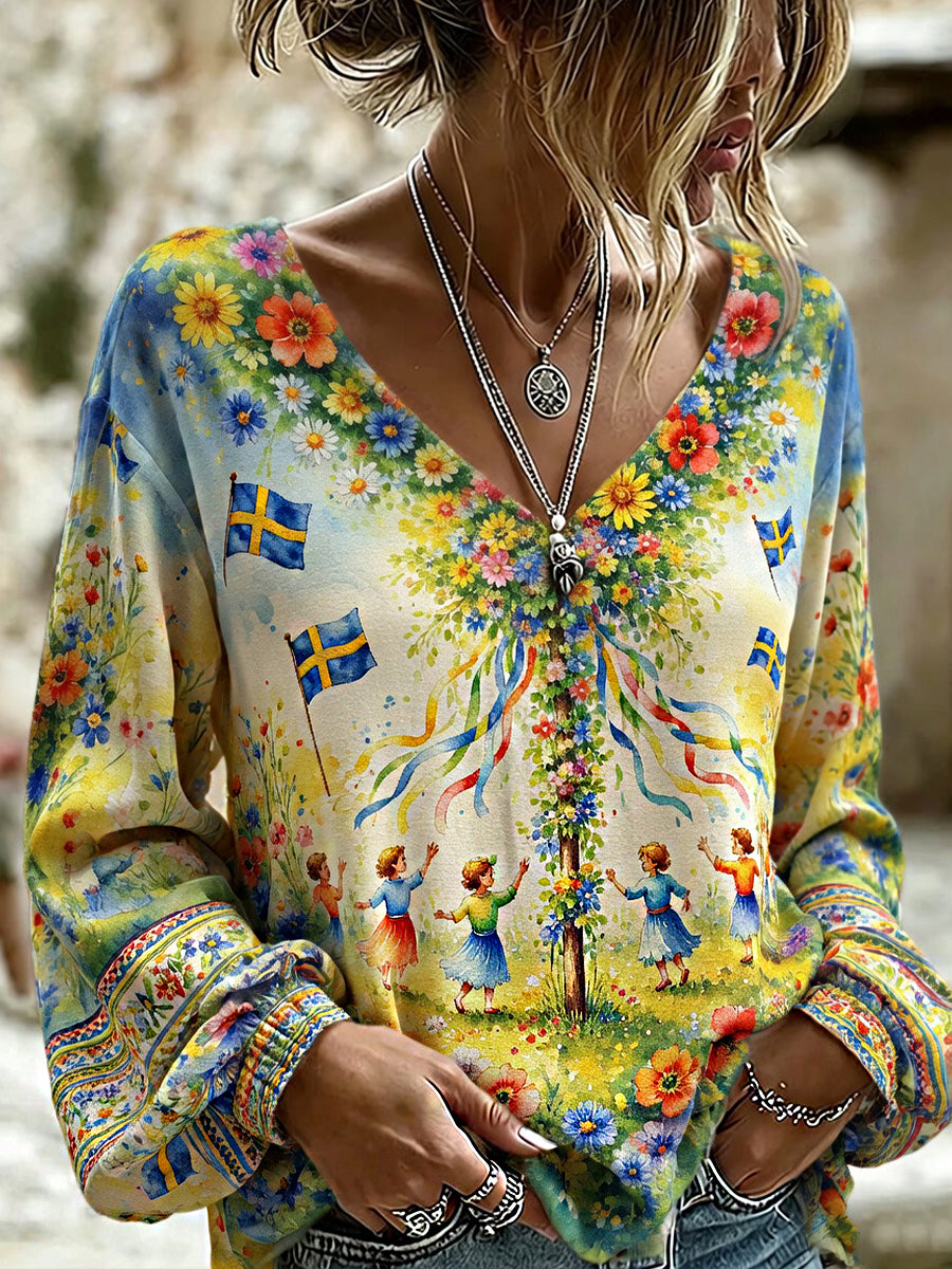 Dams Vintage Midsommar Blommigt Konsttryck Avslappnad Topp i Bomull-Linntyg