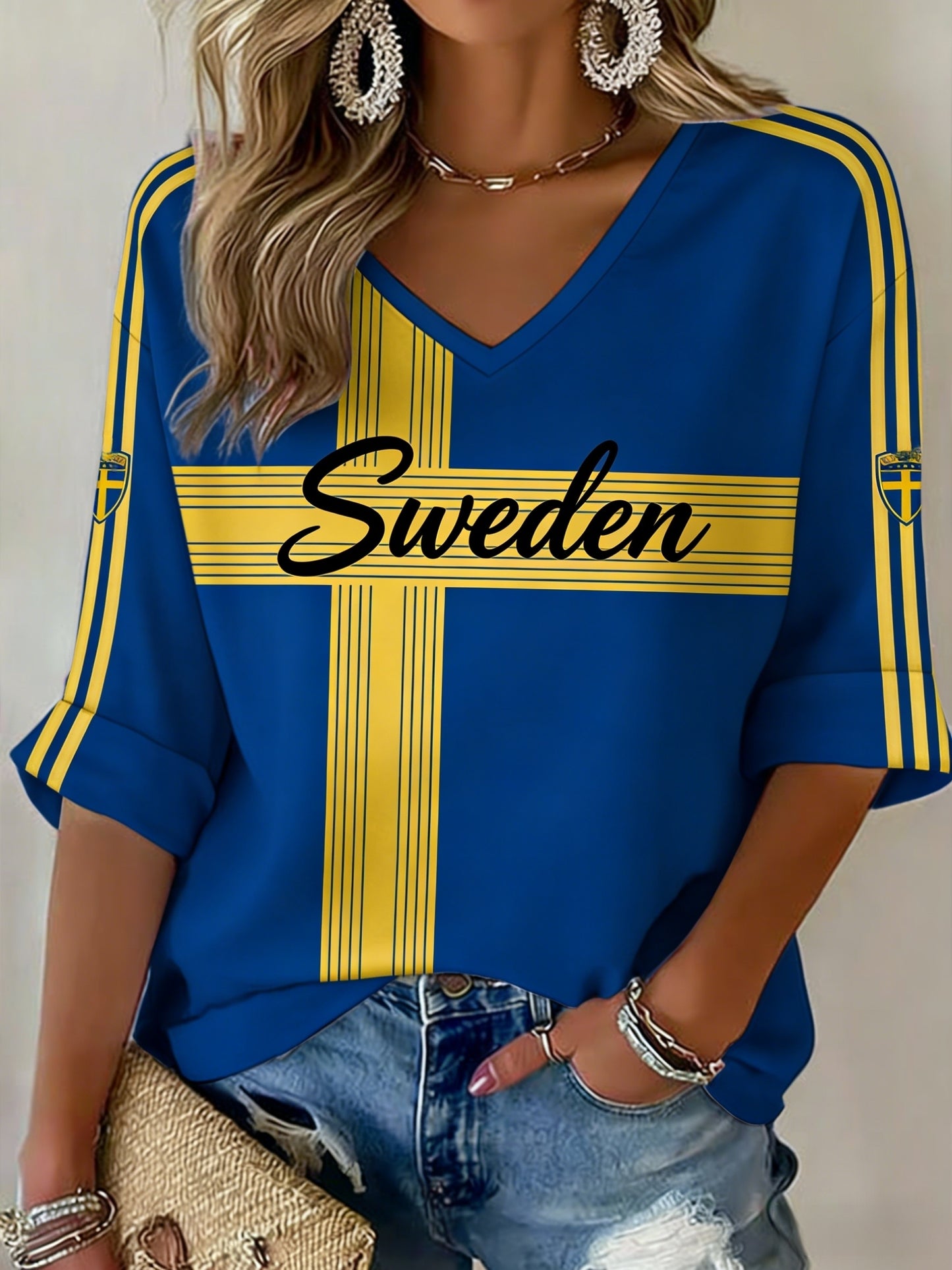 Kvinnor Retro Svenska Fotbollsflaggbricka Casual Topp