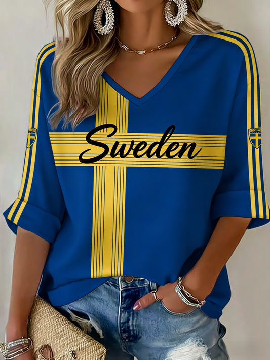 Kvinnor Retro Svenska Fotbollsflaggbricka Casual Topp