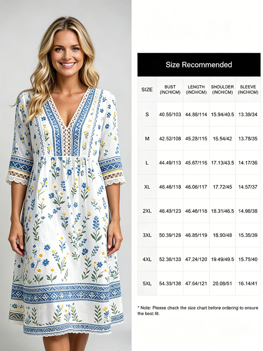 Damskjorta i midsommarstil med V-ringning och etniskt mönster