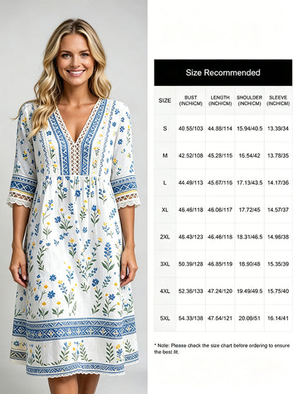 Damskjorta i midsommarstil med V-ringning och etniskt mönster