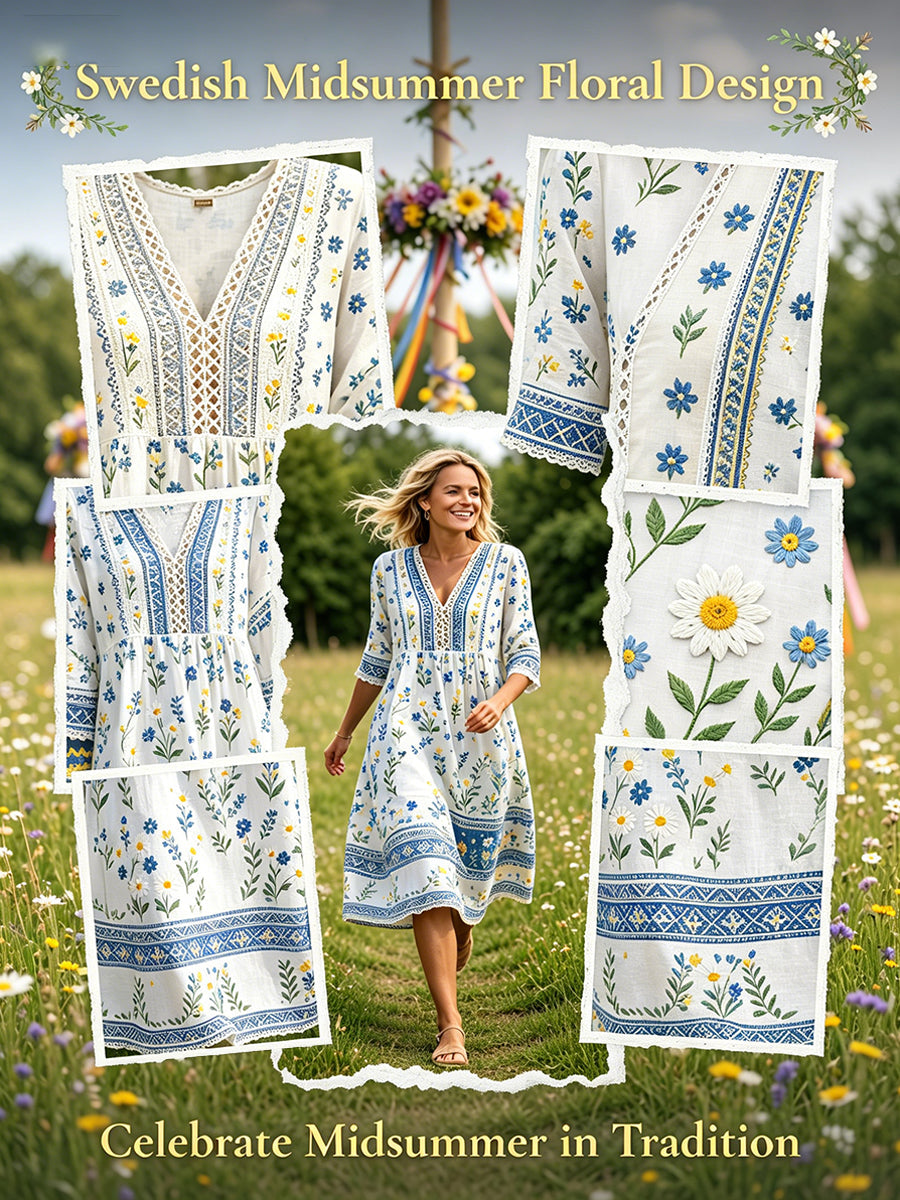 Damskjorta i midsommarstil med V-ringning och etniskt mönster