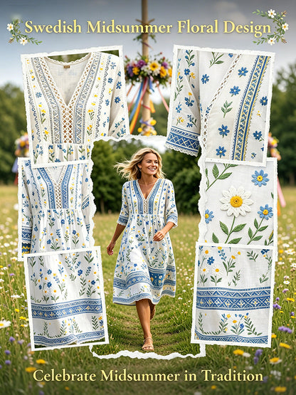 Damskjorta i midsommarstil med V-ringning och etniskt mönster