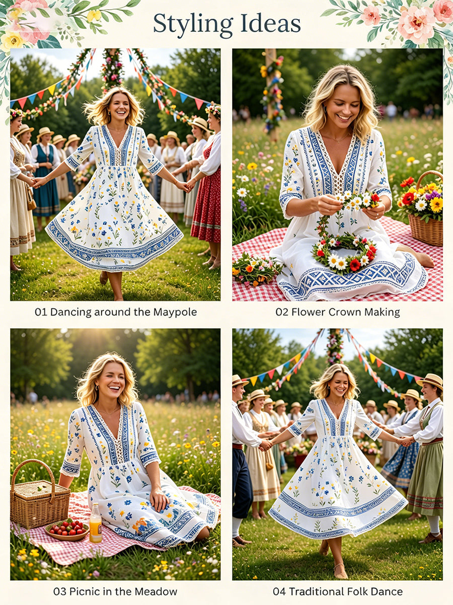 Damskjorta i midsommarstil med V-ringning och etniskt mönster