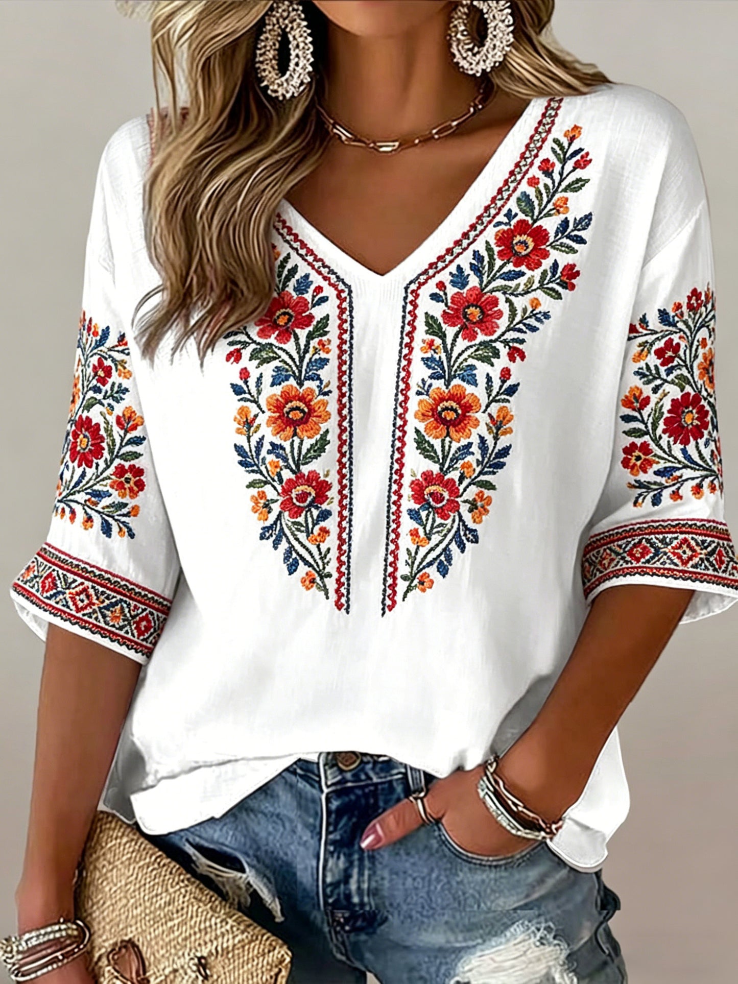 Damer Svensk midsommarfest minnesartprint T-shirt med V-ringning