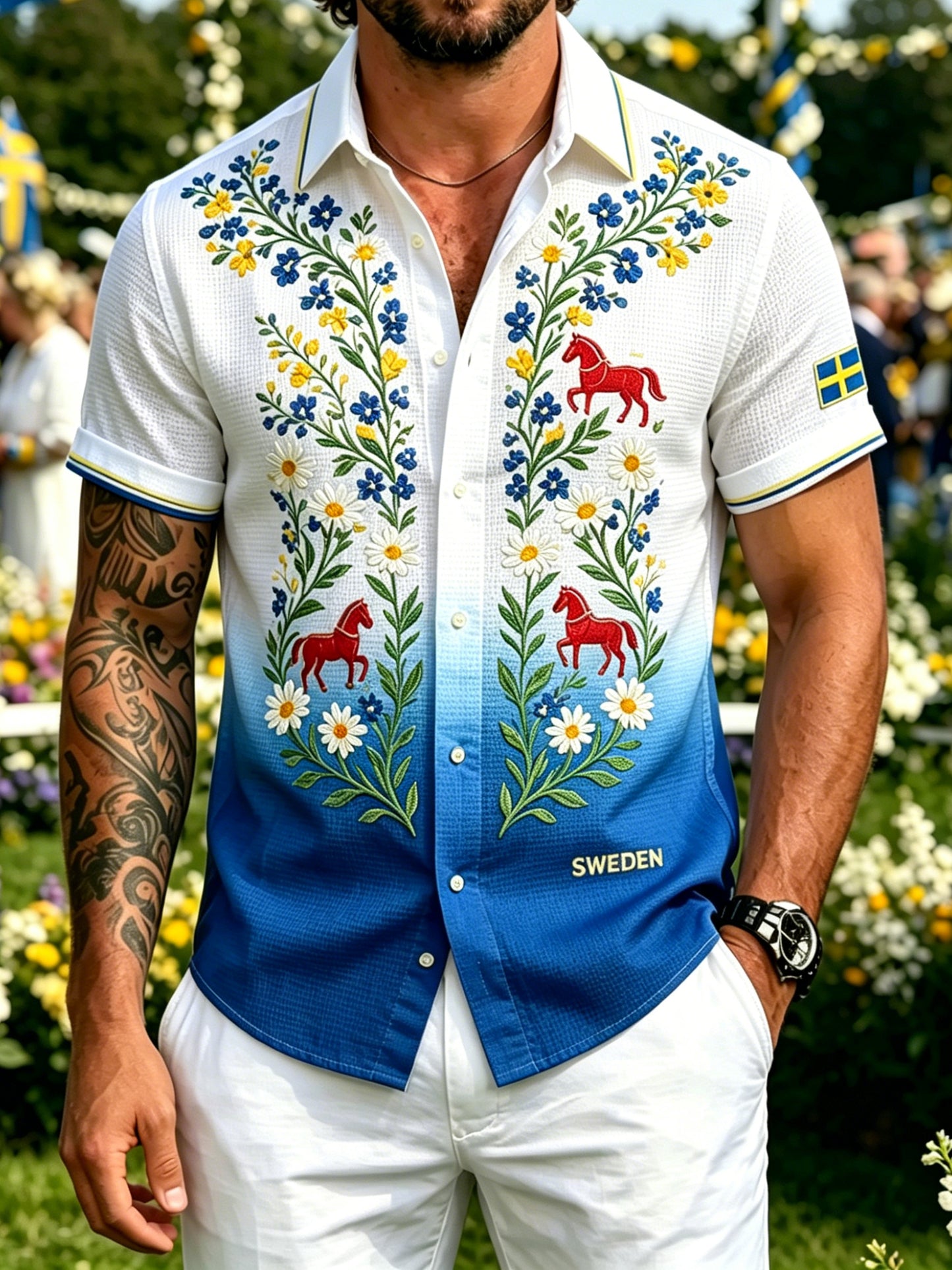 Herrmidsommartröja i waffeltyg med blommönster
