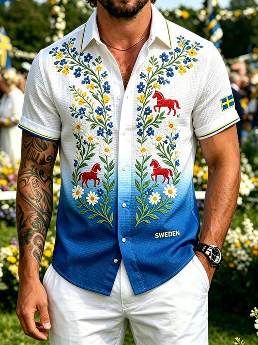 Herrmidsommartröja i waffeltyg med blommönster