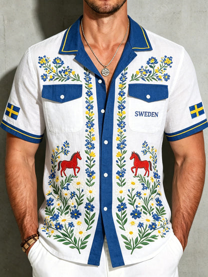 Herrskjorta i bomull-linne med midsommarblommönster