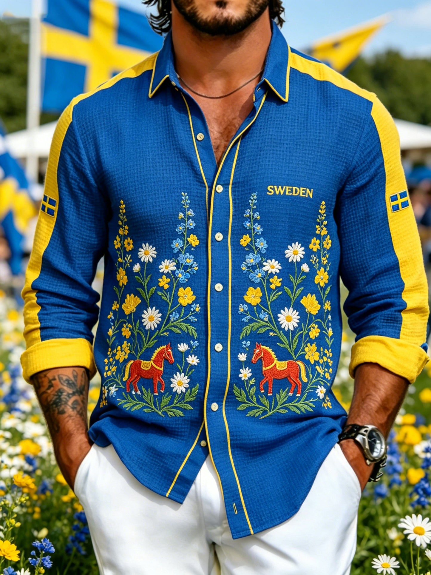 Herrskjorta med midsommarblommönster och våffelstruktur, långärmad