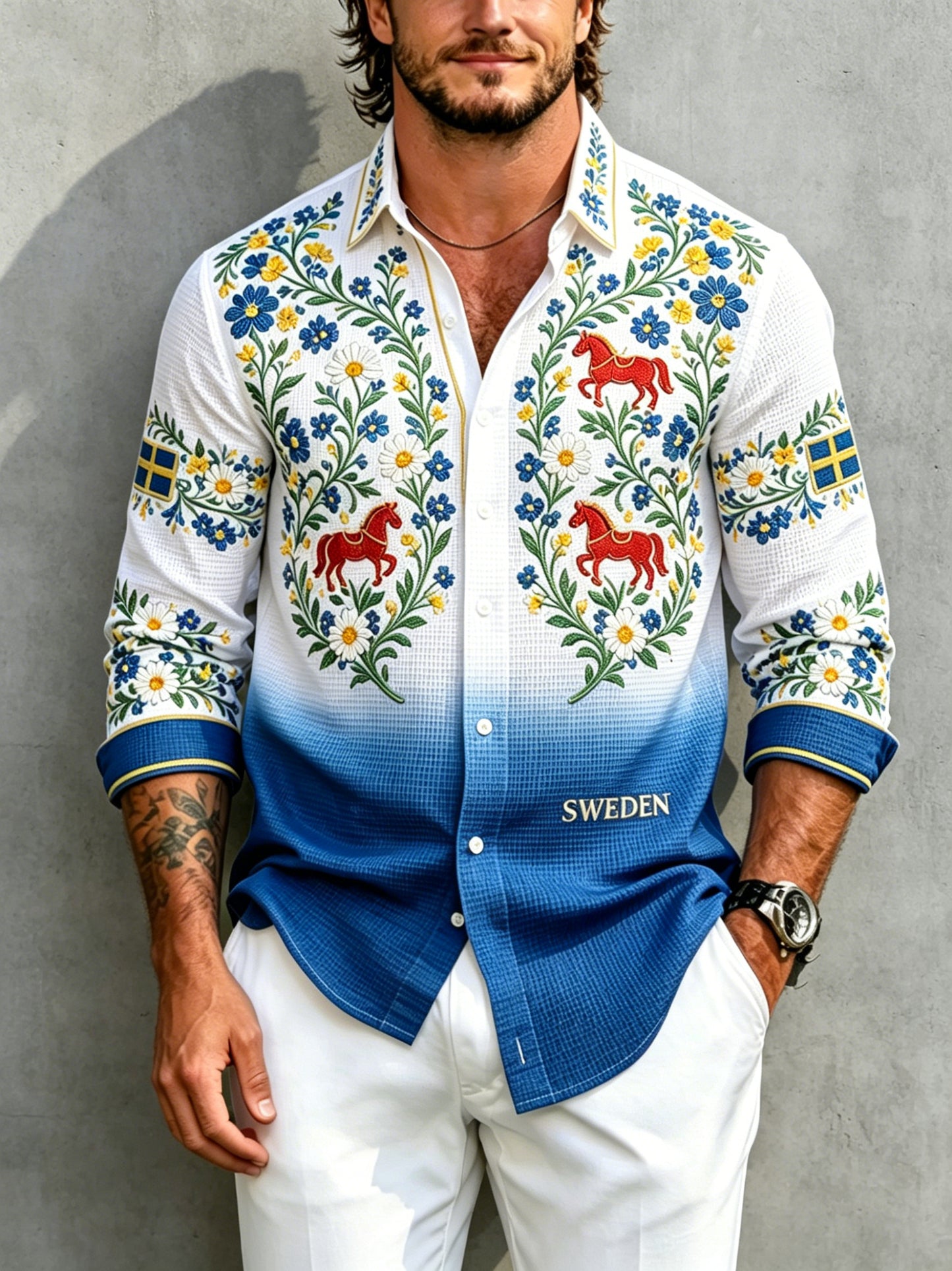 Herrskjorta med midsommarblommönster och våffelstruktur, långärmad