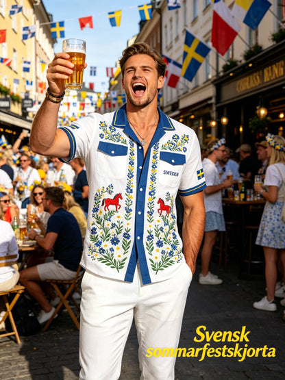 Herrskjorta i bomull-linne med midsommarblommönster