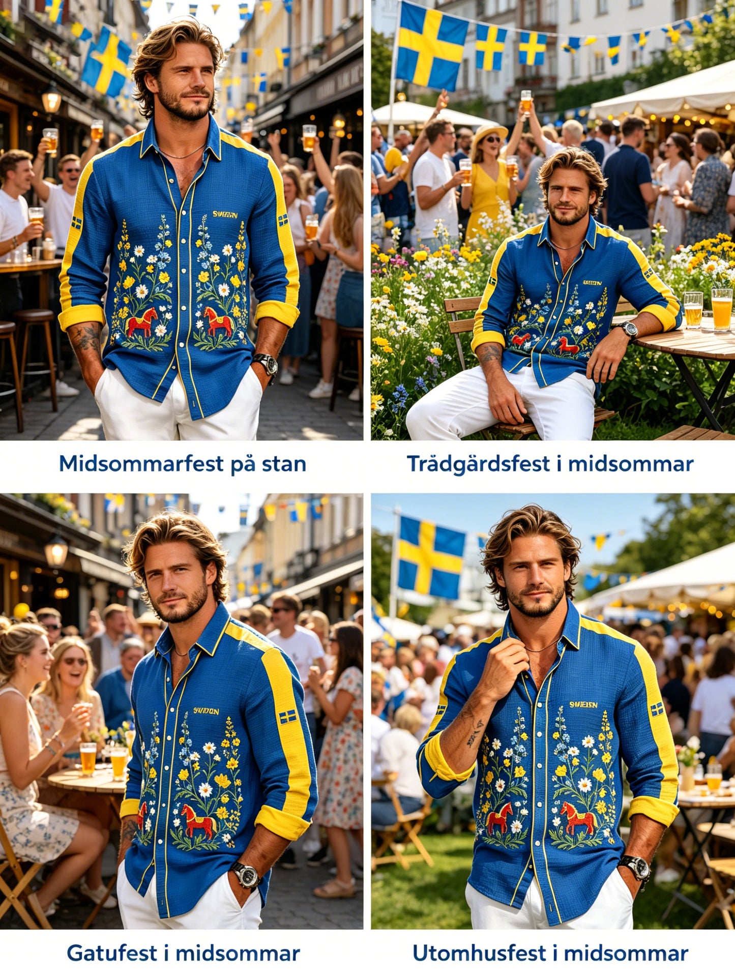 Herrskjorta med midsommarblommönster och våffelstruktur, långärmad