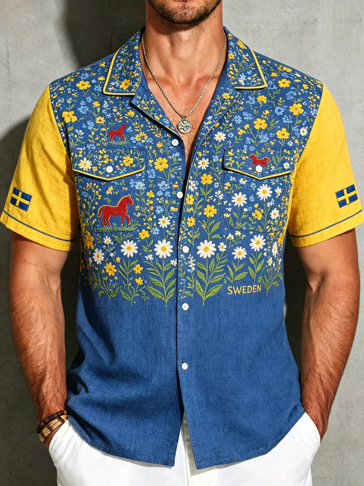 Herrskjorta i bomull-linne med midsommarblommönster